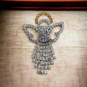Gorgeous Angel Vintage Silver Gold Halo Rhinestone Dangle Brooch Pin